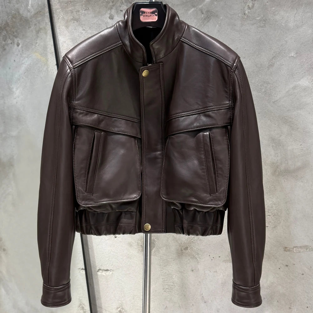 Suede Bomber Women Winter Genuine Sheep Leather Suede Coat with Big Pockets on the Body