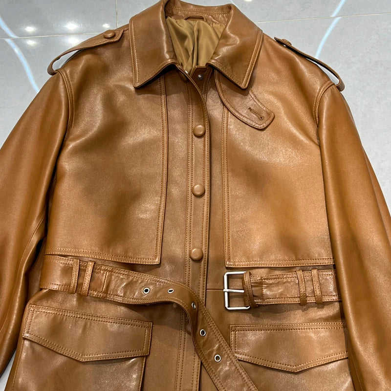 Winter Genuine Leather Outwears For Women High Quality Female Large Pocket Epaulet Belt Mid Long Jacket Female Warm Windbreaker