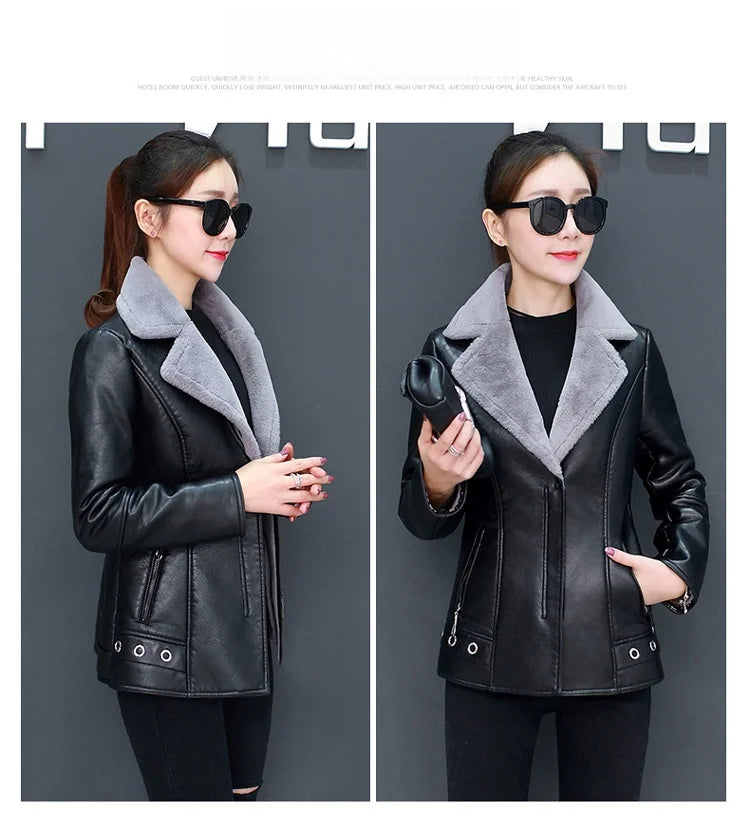 Women's Biker Style Thickened Short Leather Jacket Autumn Winter Street Fashion PU Material Versatile Outerwear Coat