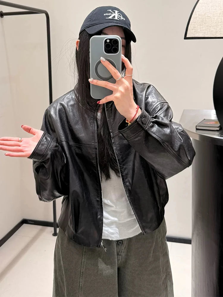 Women Spring Black Genuine Sheepskin Leather Short Jacket Coat Autumn Real Leather Jacket