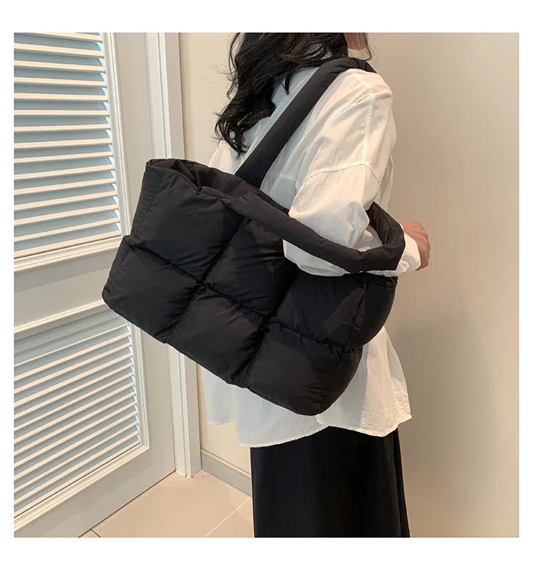 Quilted Plaid Bag Women Tote Handbags Retro Trendy Checkered Waterproof Shoulder Bag Solid Color Winter Soft Large Capacity Bags