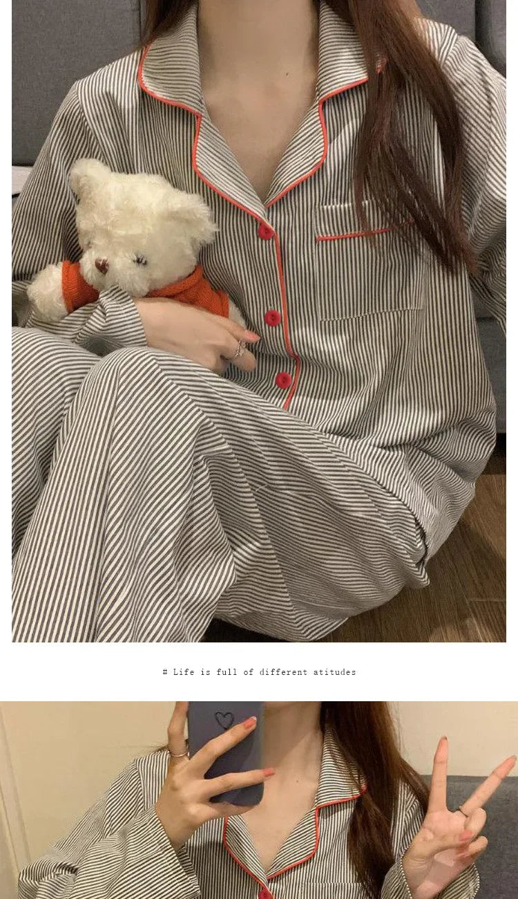 Women's Long Sleeve Loose Breathable Student Sleepwear Loungewear Cardigan Gray Striped Ladies Stripe Fashion Pajamas Homewear