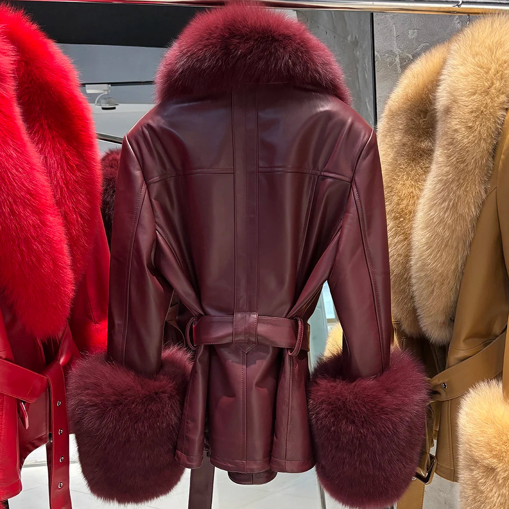YOLOAgain Women's Real Fox Fur Collar Sheepskin Leather Jacket Coat Autumn 2025