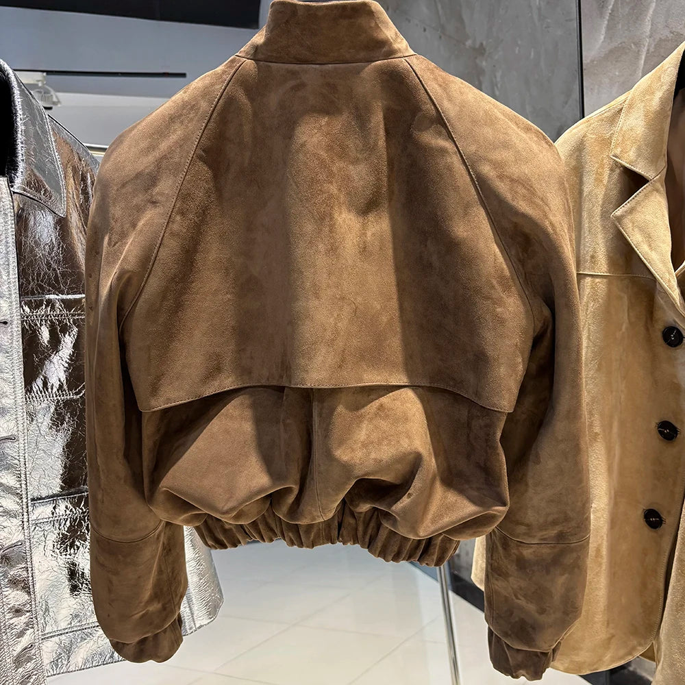 YOLOAgain Suede Leather Jacket Coat Women Real Leather Cropped Jacket Bomber Jacket