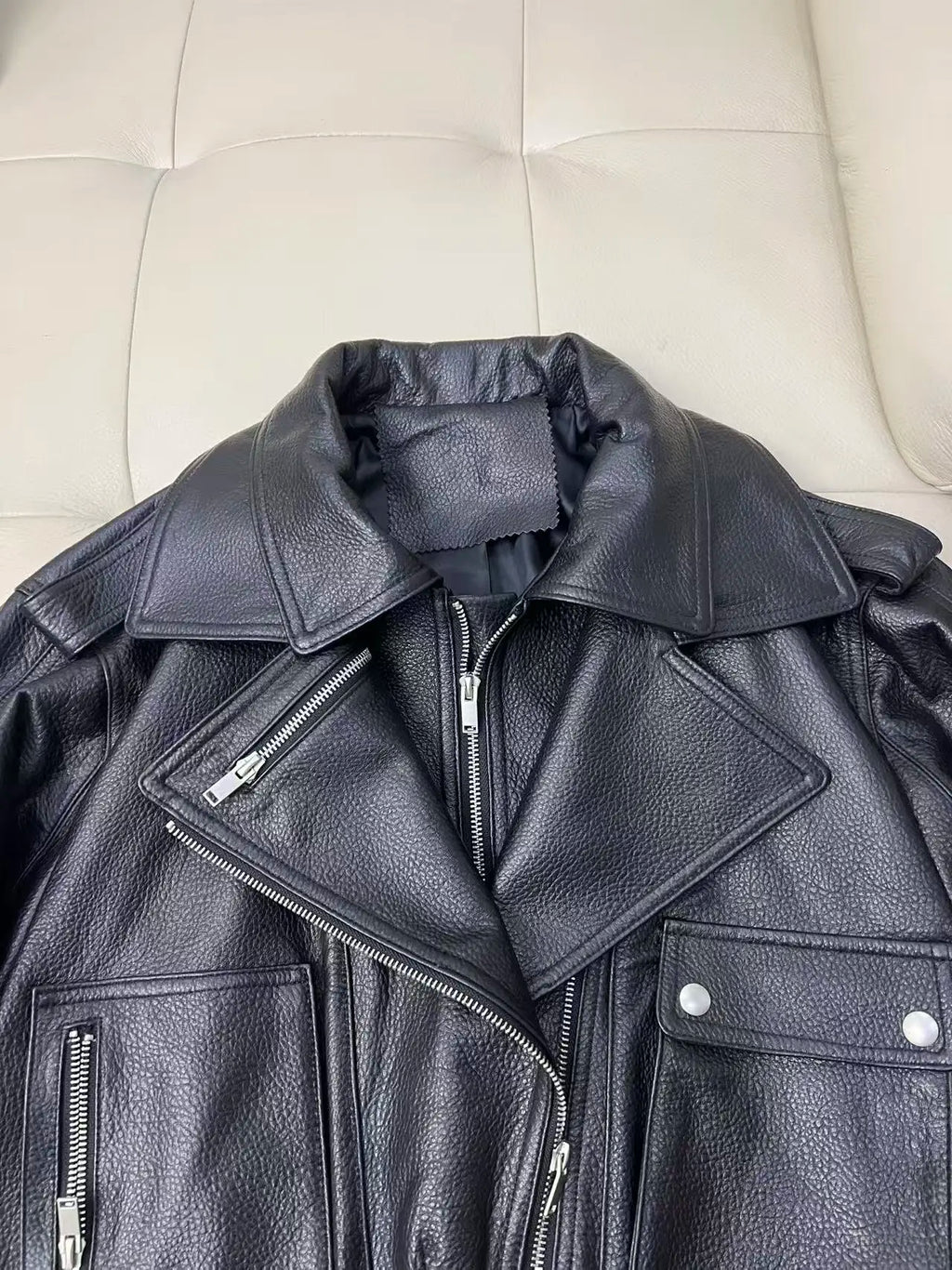 Leather Coat Autumn Winter Women Vintage Fashion Double Collar Lychee Pattern Sheepskin Bubble Leather Zipper Motorcycle Jacket