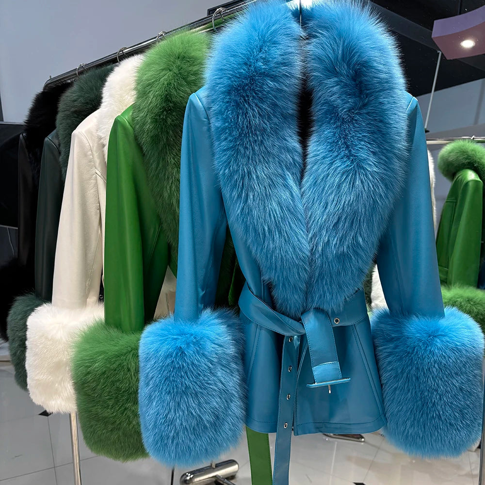 YOLOAgain Women's Real Fox Fur Collar Sheepskin Leather Jacket Coat Autumn 2025