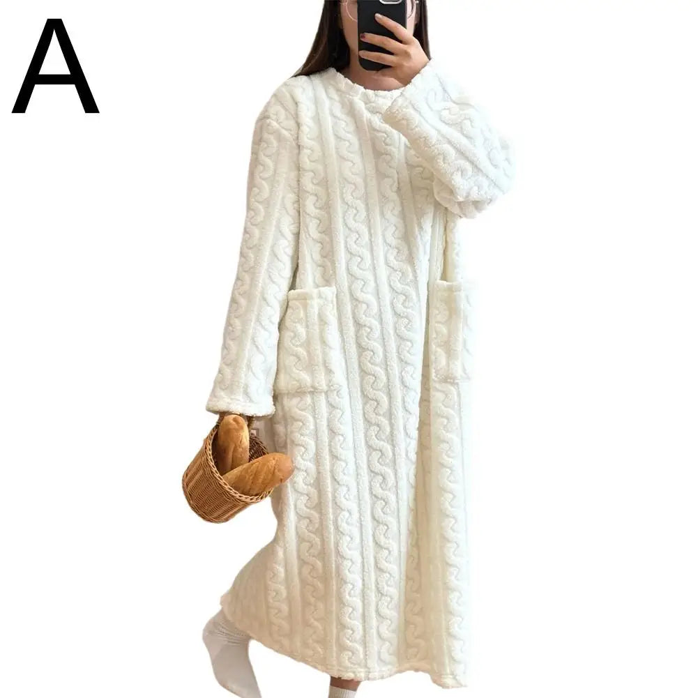 Coral Velvet Women's Nightgown Autumn And Winter Long Sleeve Double Pocket Flannel Nightgowns Women Loose Solid Sleepwear