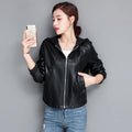 New Women Casual Leather Jacket Spring Autumn Fashion Hooded Zipper Split Leather Loose Outerwear Short Sheepskin Tops Coat