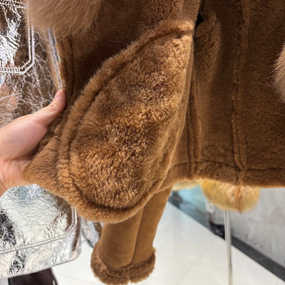 YOLOAgain Burgundy Shearling Jacket With Hood Women 2025 Winter Real Leather Jacket Coat