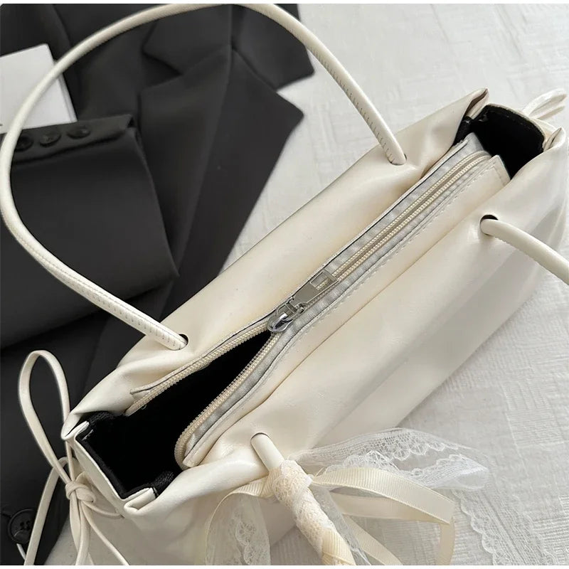 French Elegant Square Bag Korean Bow Decoration Pu High-quality Bag Niche Simple Ballet Style Shoulder Bag New Casual Women Bags