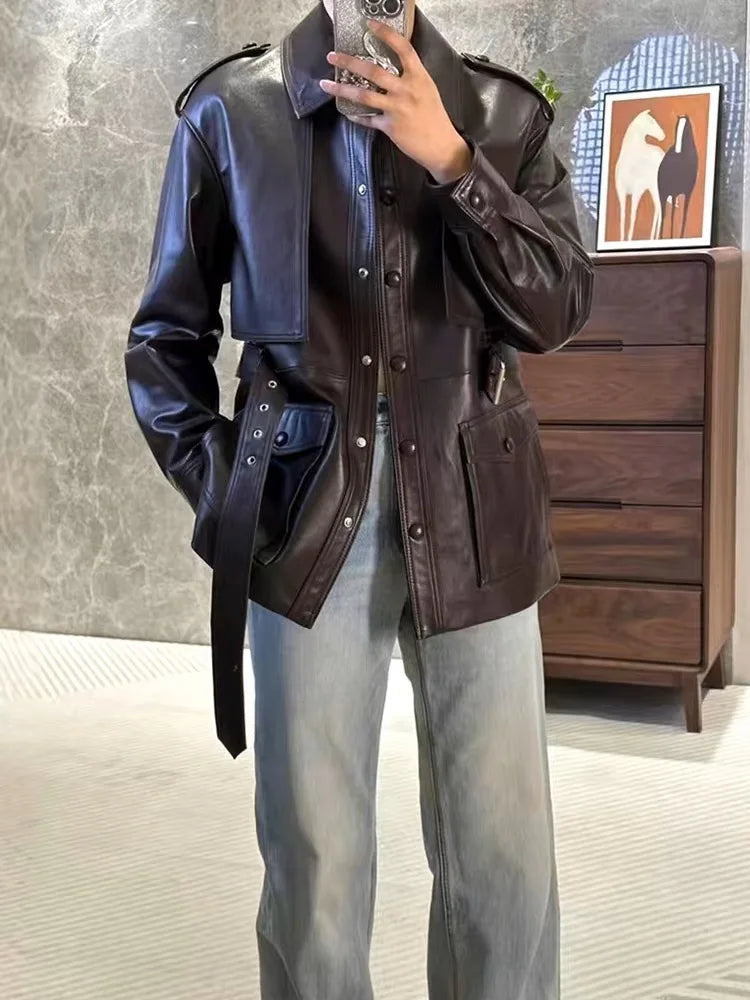 Winter Genuine Leather Outwears For Women High Quality Female Large Pocket Epaulet Belt Mid Long Jacket Female Warm Windbreaker