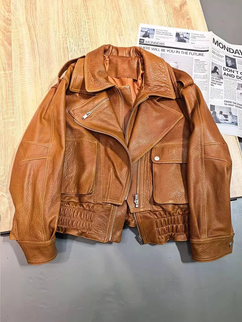 Leather Coat Autumn Winter Women Vintage Fashion Double Collar Lychee Pattern Sheepskin Bubble Leather Zipper Motorcycle Jacket