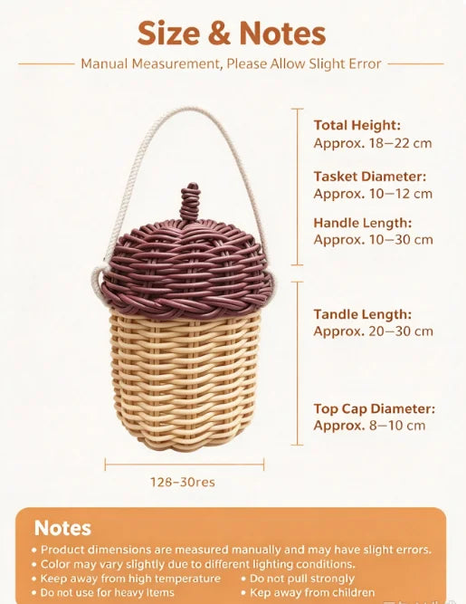 HTMCK New Acorn-shaped Storage Basket Hand-woven Round Rattan Bag Bucket Tropical Beach Style Woven Shoulder Bag Photo Props
