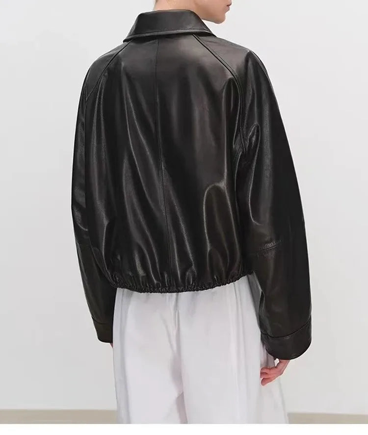 Real Leather Clothing for Women Lapel Drawstring Silhouette Short Coat Female Genuine Sheepskin Balloon Jacket Bomber Femme