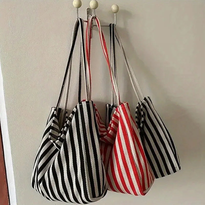 Large Capacity Korean Style Stripe Canvas Tote Bag Female Casual Simple Shoulder Bags Shopping Handbag Daily Totes Bag