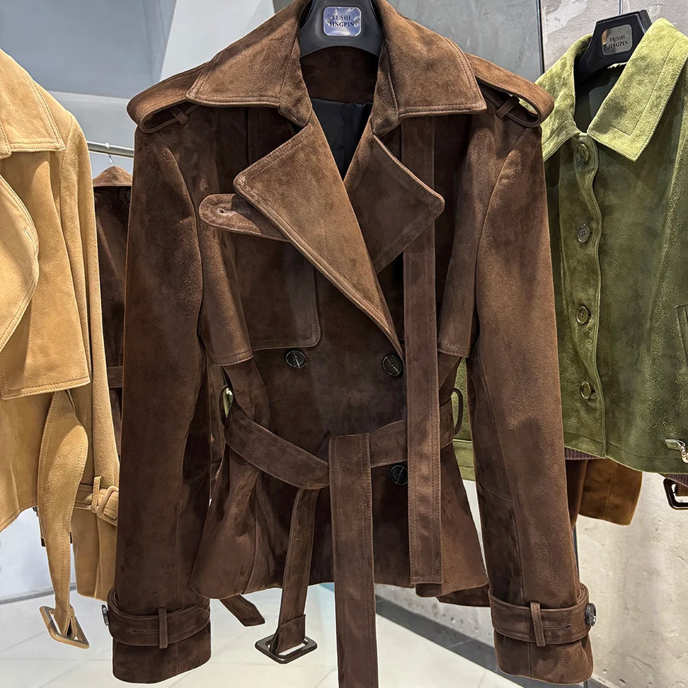 YOLOAgain High Quality Suede Leather Jacket Women With Belt Double Breasted Croc Pattern Jacket Female