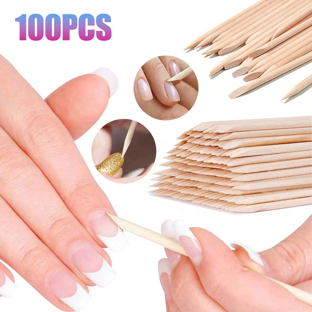 100PCS Cuticle Pusher Remover Nail Art Tools Beechwood Stick Sticks Rhinestones Picker Bead Pusher Manicure Pedicure Care
