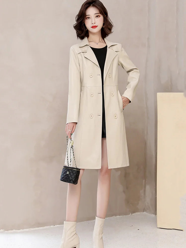 2026 Spring Autumn Sheep Leather Long Trench Coat Women Double Breasted Slim Trench Coat Female Outwear Fashion Windbreaker