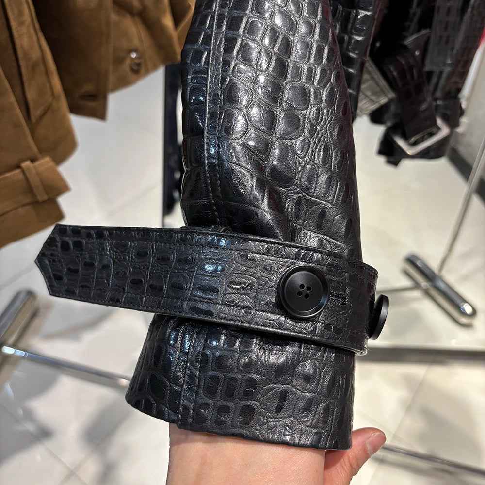 YOLOAgain High Quality Suede Leather Jacket Women With Belt Double Breasted Croc Pattern Jacket Female