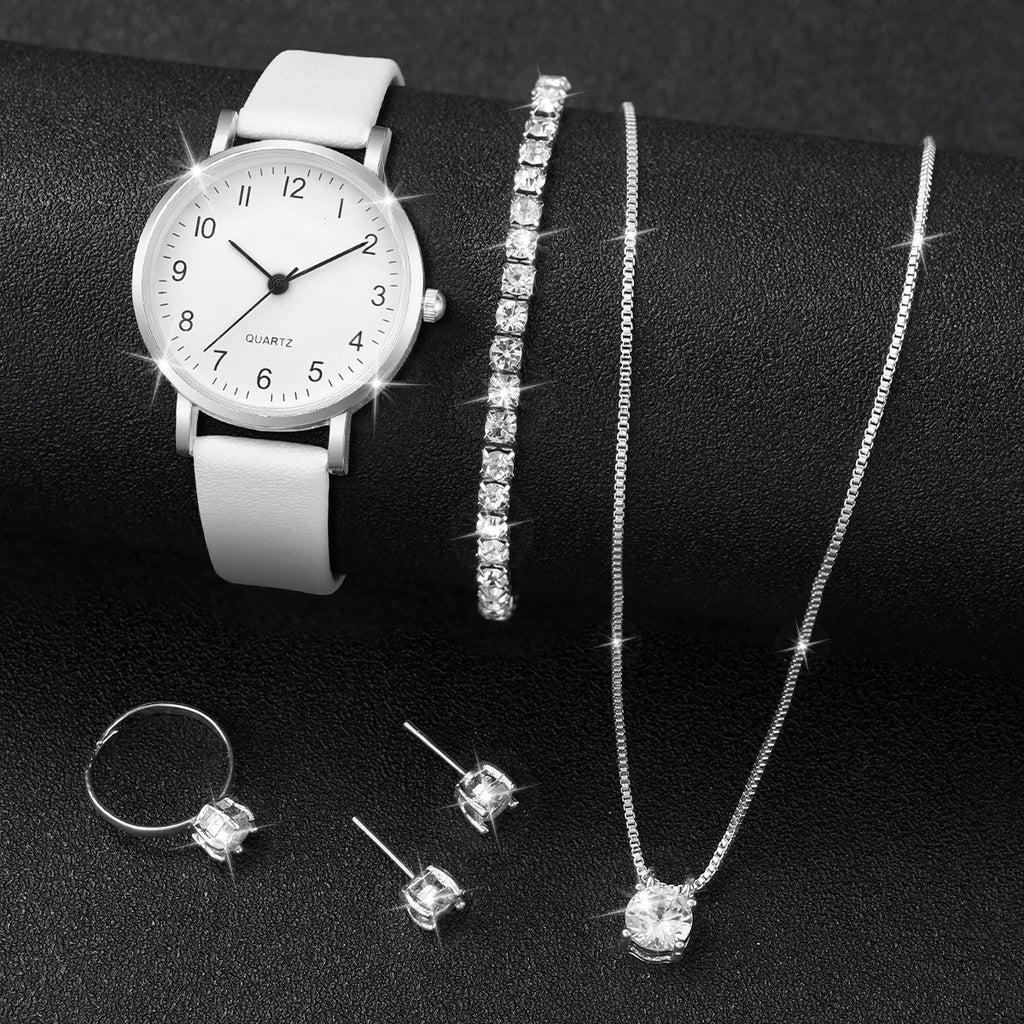 5/6PCS Fashion Women's Quartz Watch Leather Band Analog Quartz Watches with Diamond Jewelry (Without Box)