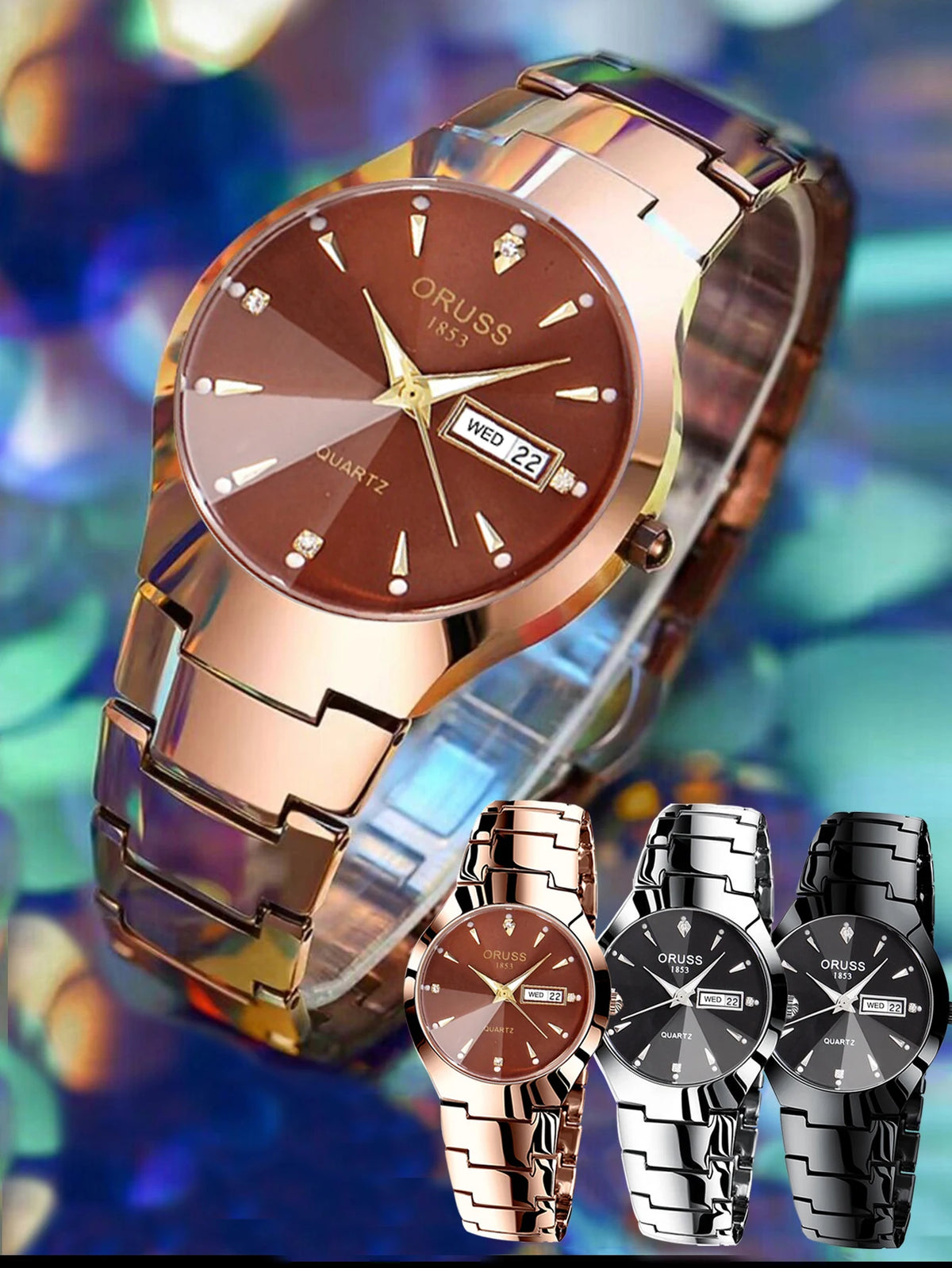 ORUSS Couple Watch Waterproof Casual Fashion Women Men Quartz Watches Ladies Stainless Date Week Men Clock Lover's Date Gift