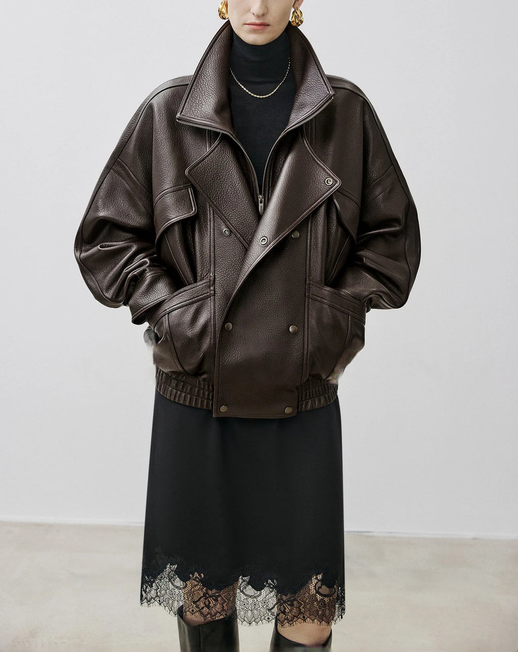 Brown Sheepskin Bubble Skin Coat Female Retro Double Layer Collar Double Breasted Zipper Loose Leather Jacket Winter Outerwear