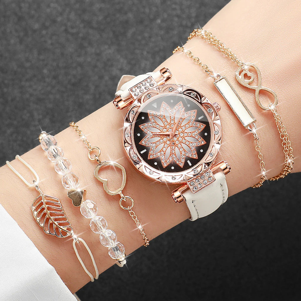 6PCS/Set Fashion Heart Dial Women's Watch Casual Leather Band Analog Quartz Watch Leaf Bracelets Set（Without Box）