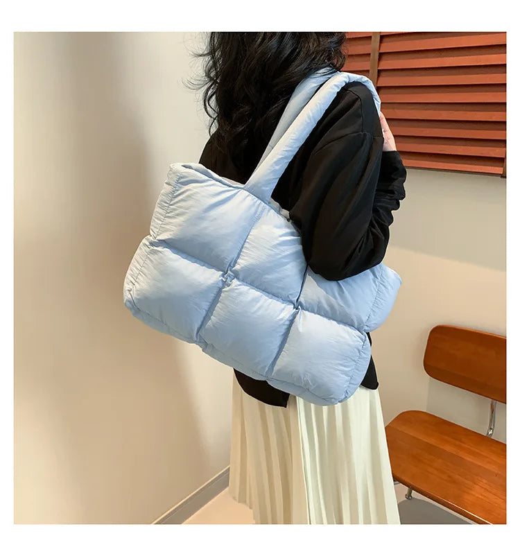Quilted Plaid Bag Women Tote Handbags Retro Trendy Checkered Waterproof Shoulder Bag Solid Color Winter Soft Large Capacity Bags