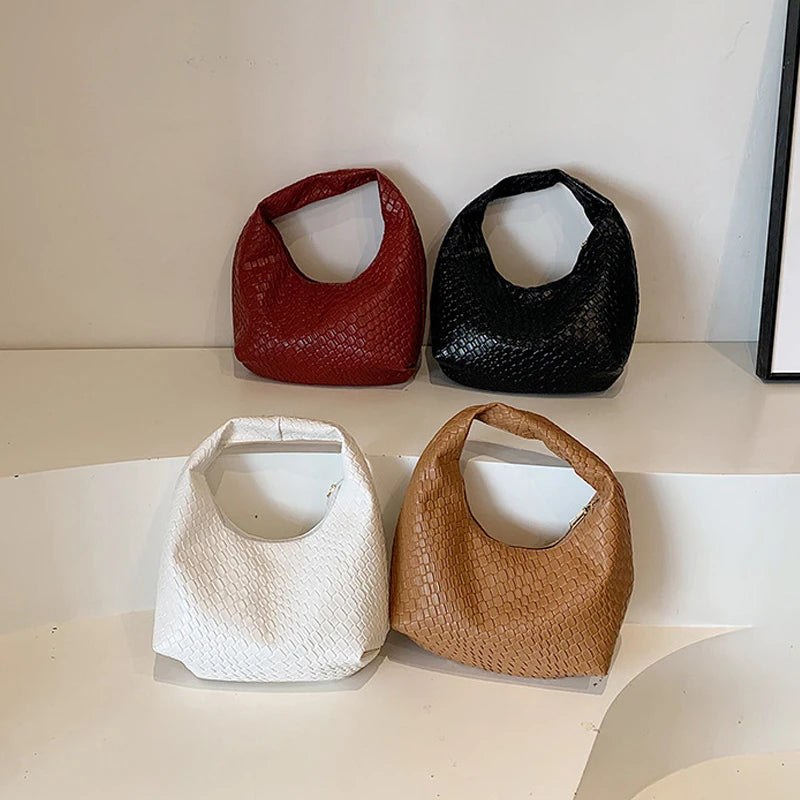 Women Classic Fashion Woven Embossed Hobo Soft PU Leather Small Top-handle Shoulder Bag Casual Daily Handbags