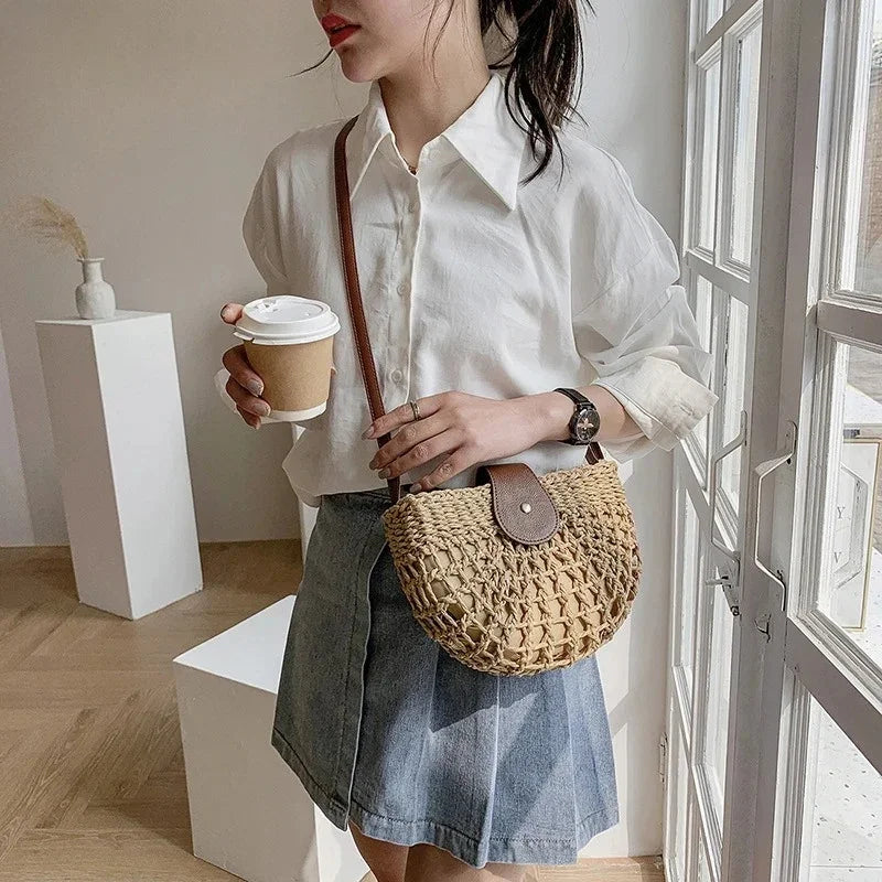 Summer Straw Bag For Women Fashion Semicircle Crossbody Bags Rattan Handmade Messenger Handbag Travel Beach Bags Tote