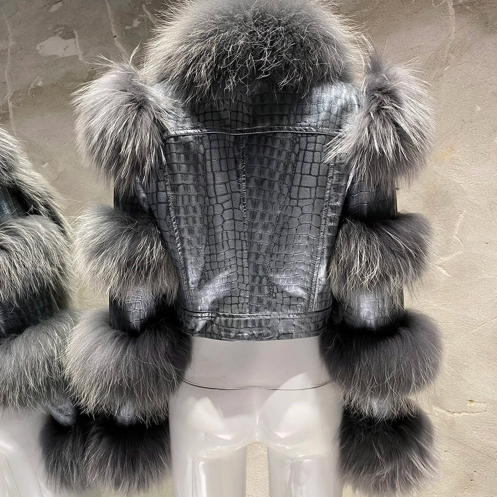 YOLOAgain Women's Natural Fox Fur Jacket Real Leather Cropped Jacket Streetwear