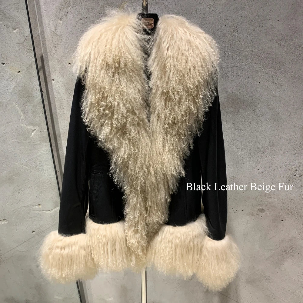 Leopard Print Real Leather Women Coat with Pink Mongolian Fur Luxurious Winter Streetwear for Ladies
