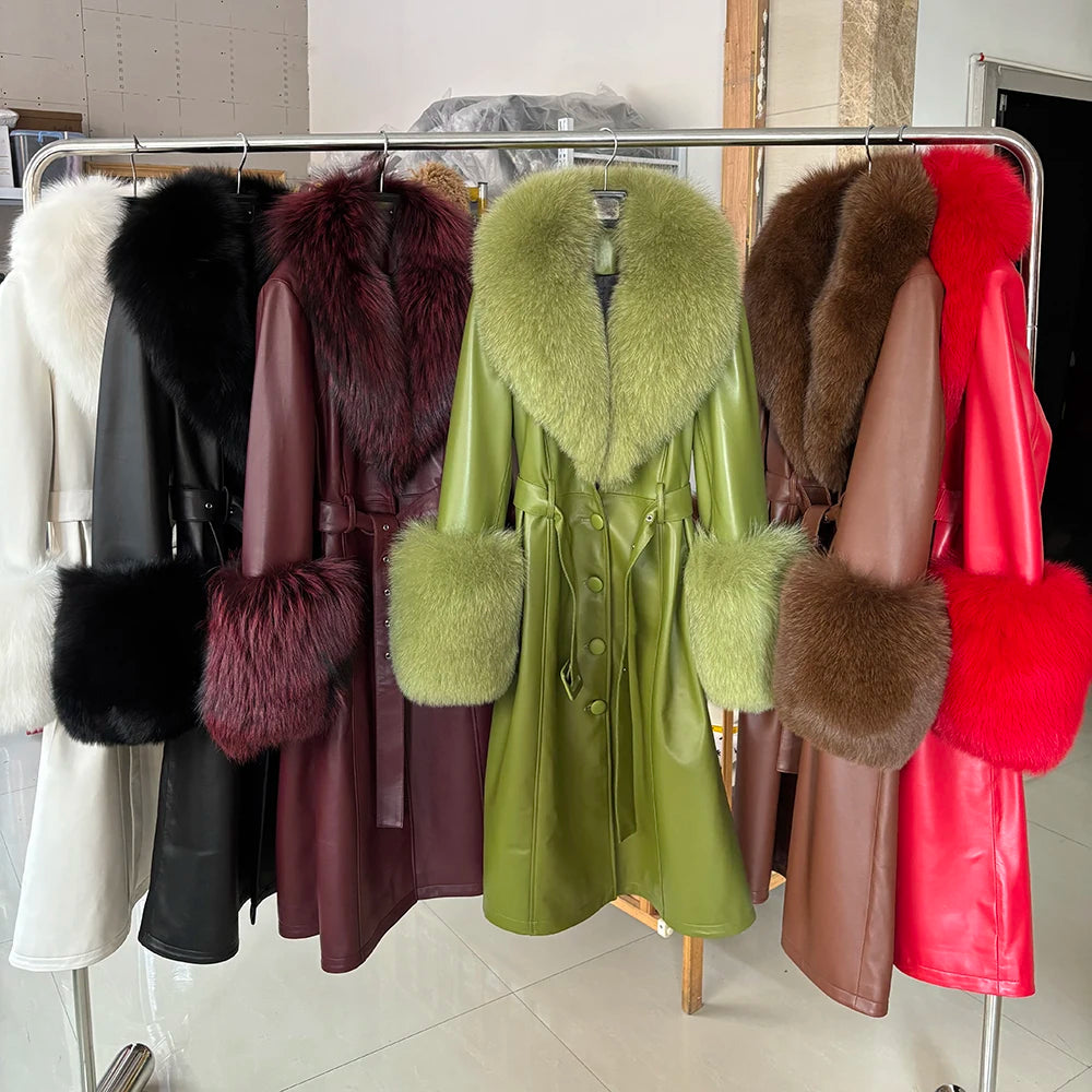 YOLOAgain Burgundy Real Fox Fur Collar Leather Trench Coat Women Genuine Leather Jacket Long Female
