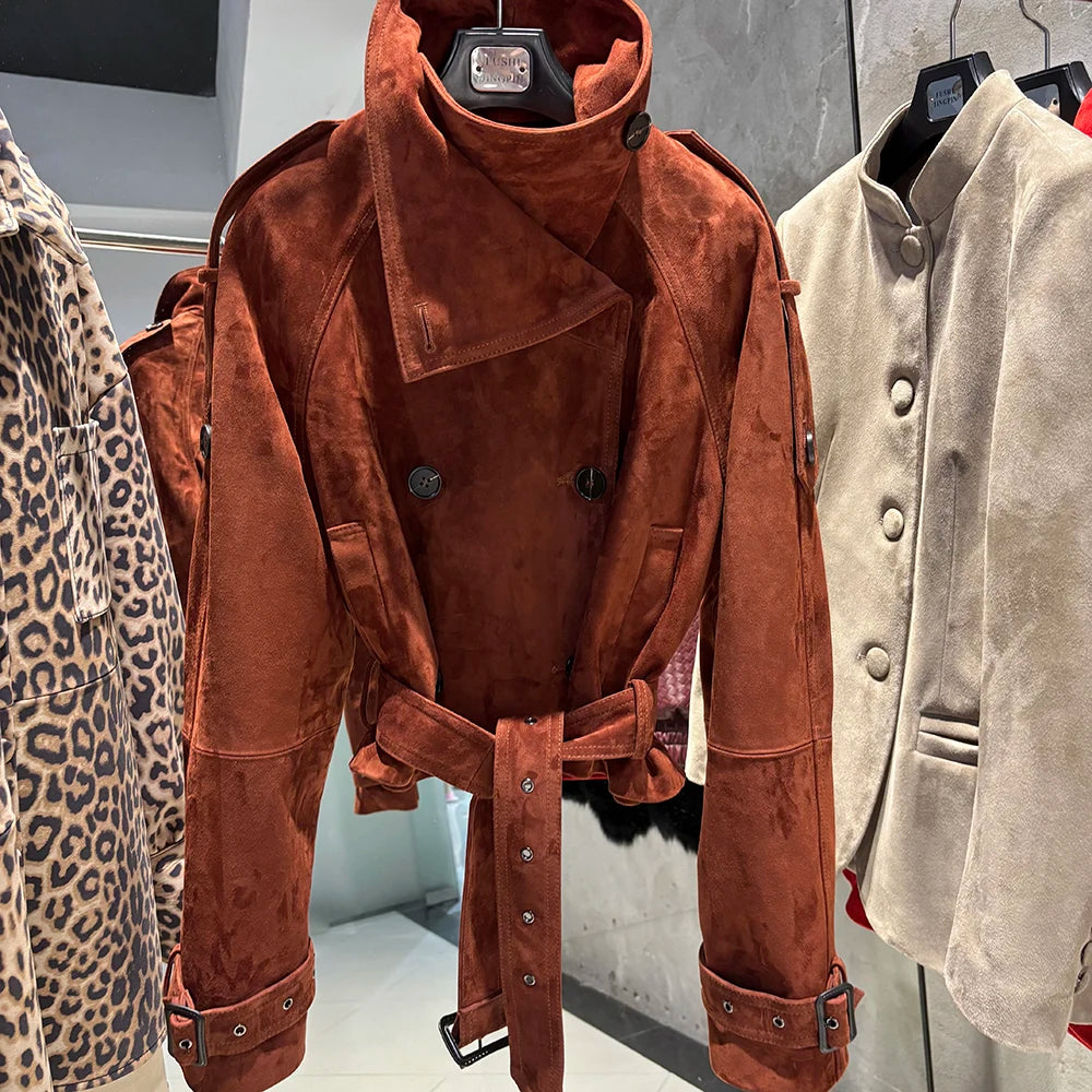 YOLOAgain Funnel Neck Real Leather Jacket Women Double Breasted Suede Jacket With Belt Streetwear