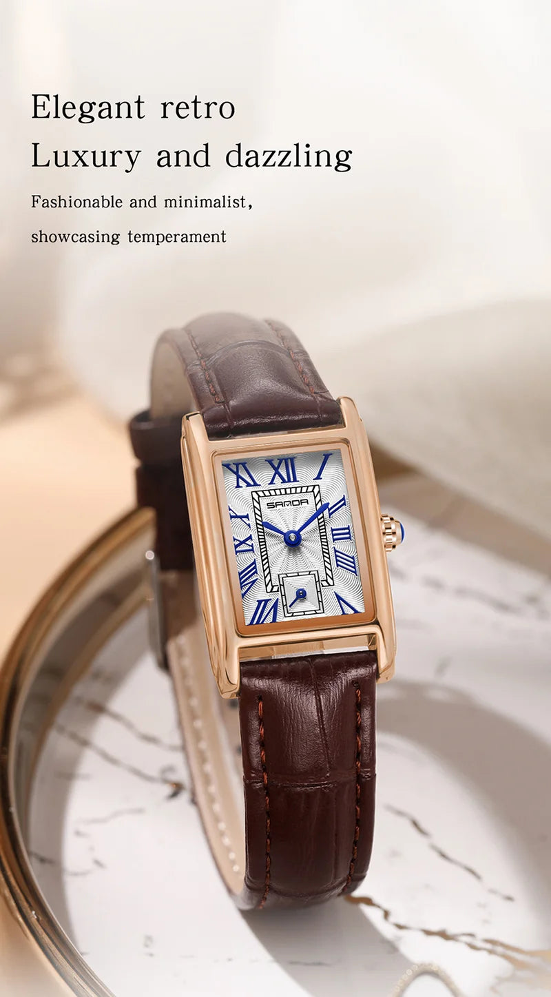 SANDA 1116 Elegant Women's Quartz Watch Casual Rectangular Waterproof Steel Leather Strap Casual Business Women's Watch часы