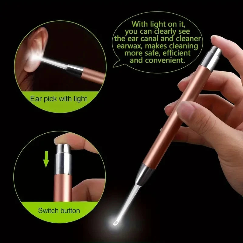 Stainless Steel Ear Scoop Light Visual Ear Cleaner Soft-Touch Ear Spoon Head Ear Cleaning Tool Set for Safe Home Use