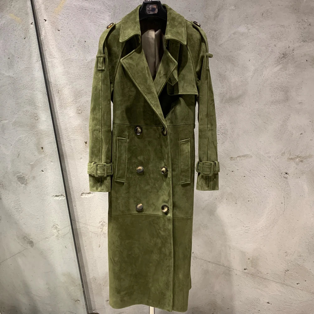 Long  Suede Leather Coat Ladies Real Sheepskin Coat Genuine Sheep Leather Windbreak Long 2385