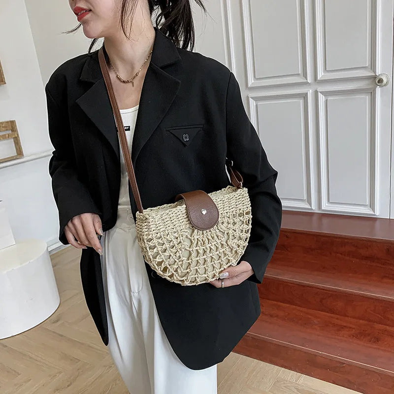 Summer Straw Bag For Women Fashion Semicircle Crossbody Bags Rattan Handmade Messenger Handbag Travel Beach Bags Tote