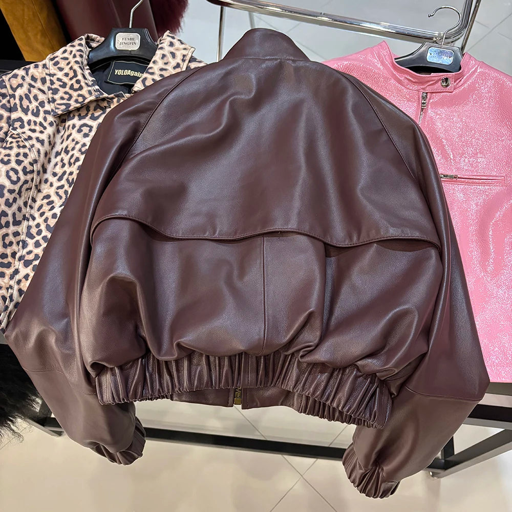 YOLOAgain Suede Leather Jacket Coat Women Real Leather Cropped Jacket Bomber Jacket