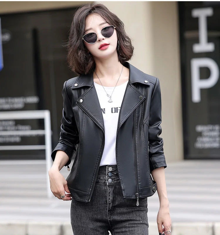 New Women Spring Autumn Leather Jacket Fashion Suit Collar Long Sleeve Motorcycle Jacket Casual Short Biker Coat Split Leather