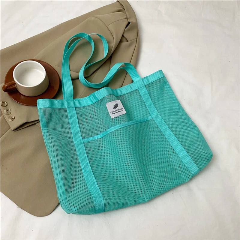 Women Transparent Mesh Shoulder Bag Fashionable Portable Shopping Travel Beach Mesh Net Tote Handbag