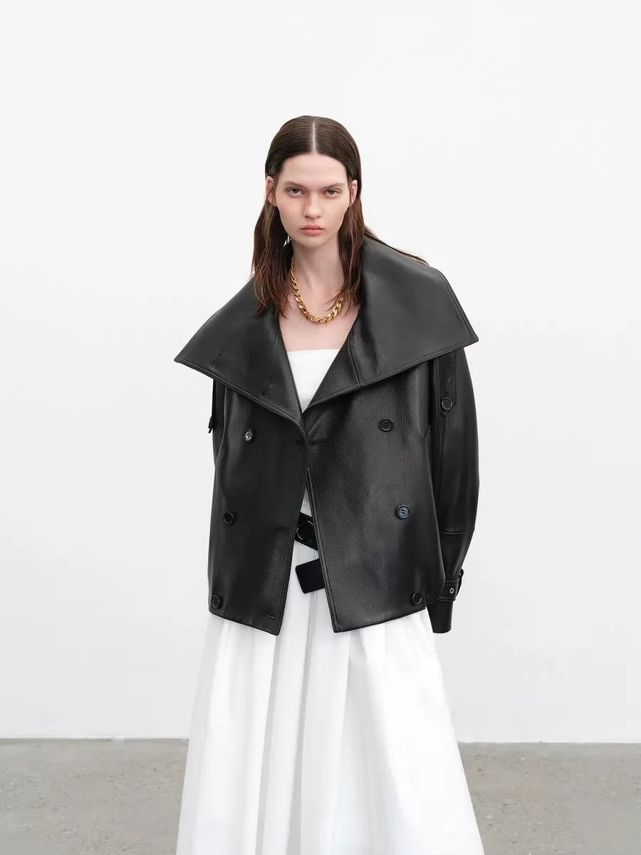 Fashion Real Leather Jacket for Women Modern Genuine Sheepskin Stand Up Collar Short Silhouette Coat Winter Tops Lapel