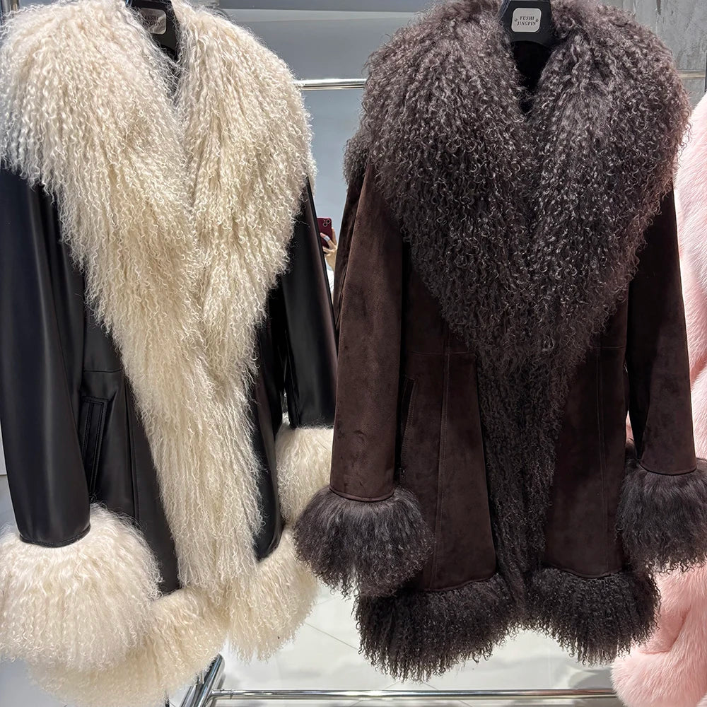 YOLOAgain Mongolia Sheep Fur Jacket Women Real Leather Coat Suede Jacket