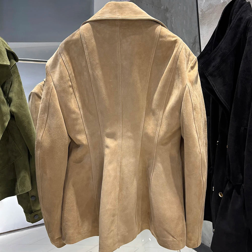 YOLOAgain Vintage Suede Blazer Jacket Women Double Breasted Lapel Dark Brown Genuine Sheepskin Leather Jacket Coat Female