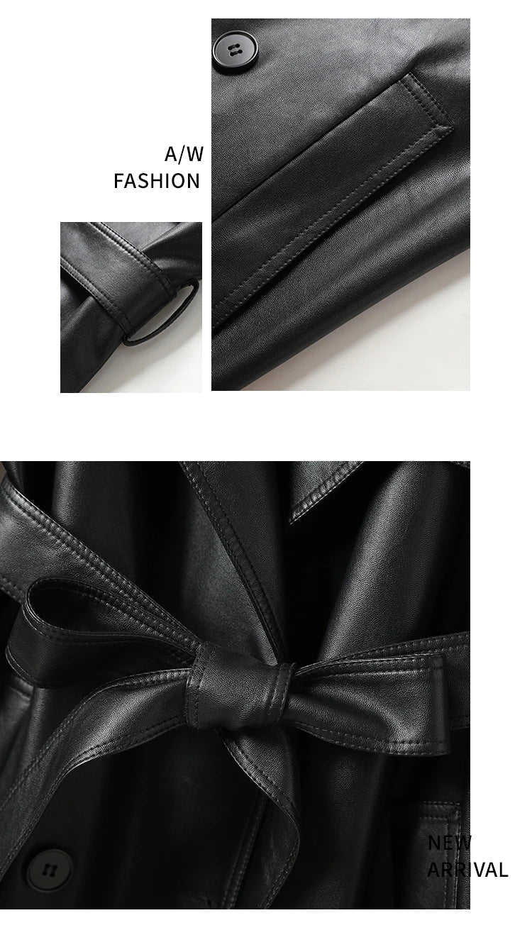 Vintage Wine Red Women's Split Sheep Leather Trench Coats Fashion Double-breasted Lace-up Belt Ladies Mid Long Sheepskin Outwear