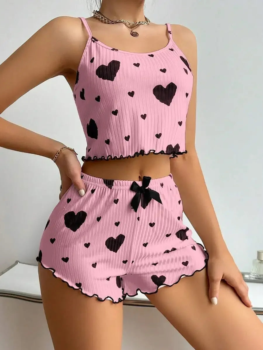 2pcs Women's Pajama Set Sexy Cute Kawaii Pajamas Women Suspenders Sun-Tops Loungewear Set Shorts Y2K Lolita Heart Silk Sleepwear