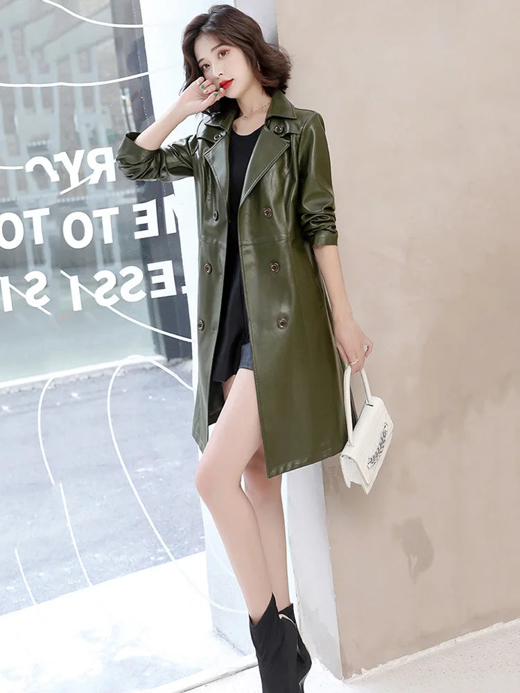 2026 Spring Autumn Sheep Leather Long Trench Coat Women Double Breasted Slim Trench Coat Female Outwear Fashion Windbreaker