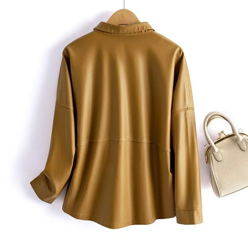 Sheepskin Leather Jacket Women Short Covered Button Pockets Coats Chic Office Ladies Split Sheep Leather Korean Loose Outwear