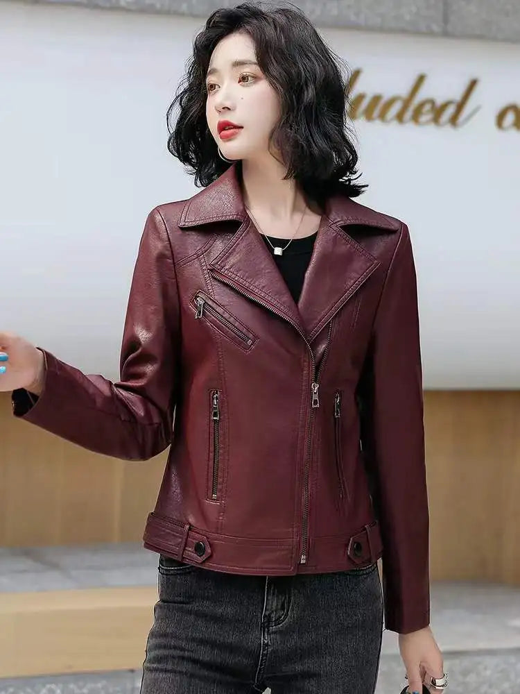 New Women Classic Leather Coat Spring Autumn 2025 Fashion Suit Collar Slim Short Sheepskin Outerwear Biker Leather Jacket Female