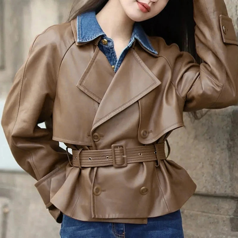 Leather Jacket for Women Spring Double-Breasted Belt Waist Closing Slim Ceket Kadın Imported Sheepskin Loose Short Trench Coat